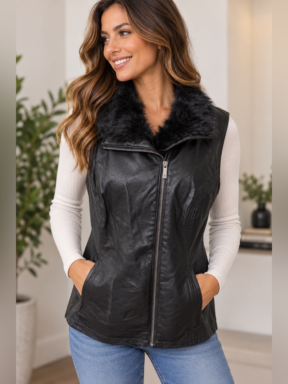 Dennis Basso black faux leather moto vest with plush faux-fur collar, Medium
